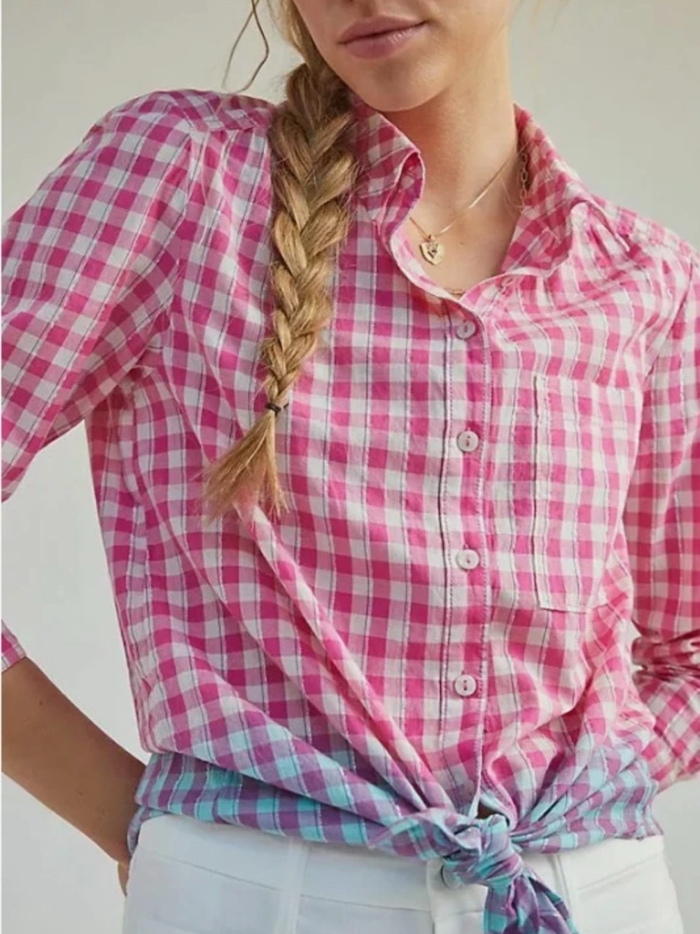 Anthropologie Pilcro top M Pink Blue Plaid Ombre Relaxed Button Up
Preppy Chic